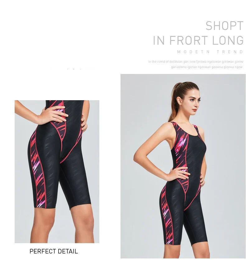 Quick Dry Swimwear Professional Knee Length Round Neck Swimsuit Women One Piece Sport Bathing Suit Rashguard Surf