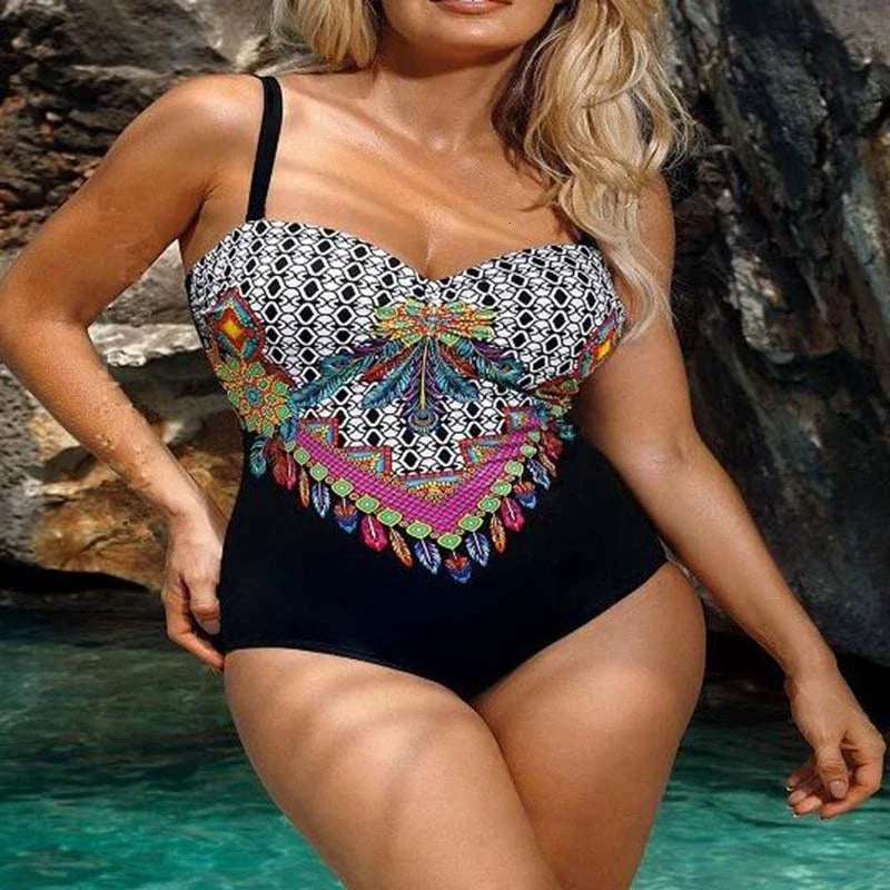 Coloured Print One-piece Large Swimsuits Closed Swimwear Push Up Women's Swimming Body Bathing Suit Female Beach Pool Bather