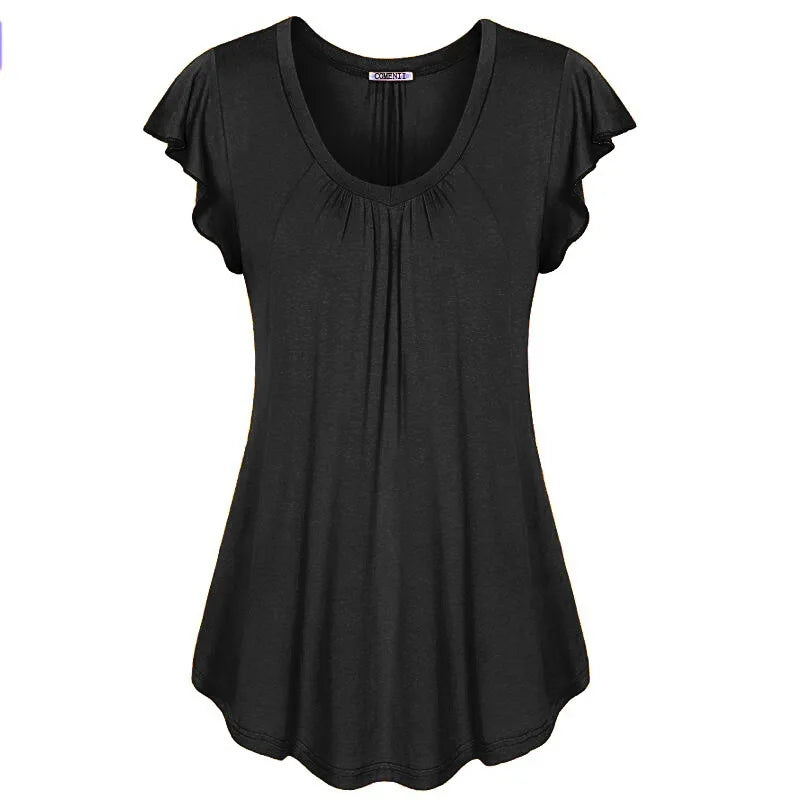 women's spring and summer solid color lotus leaf sleeve short-sleeved T-shirt womens clothing