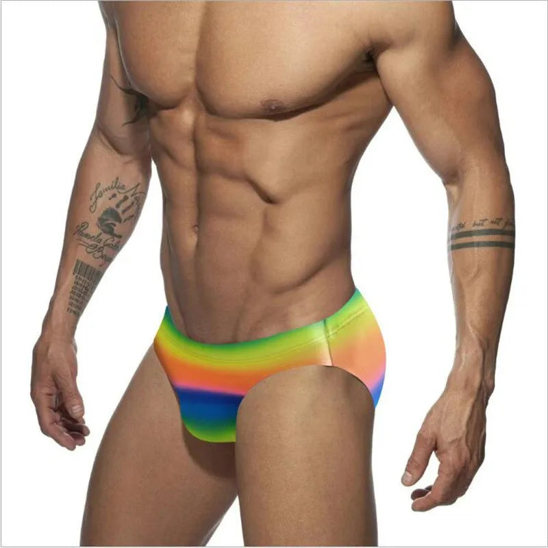 Swimwear Boy Rainbow Print Swimsuit Sexy Swimming Trunks Men's Low Waist Swim Briefs Push Up Cup Beach Shorts Wear