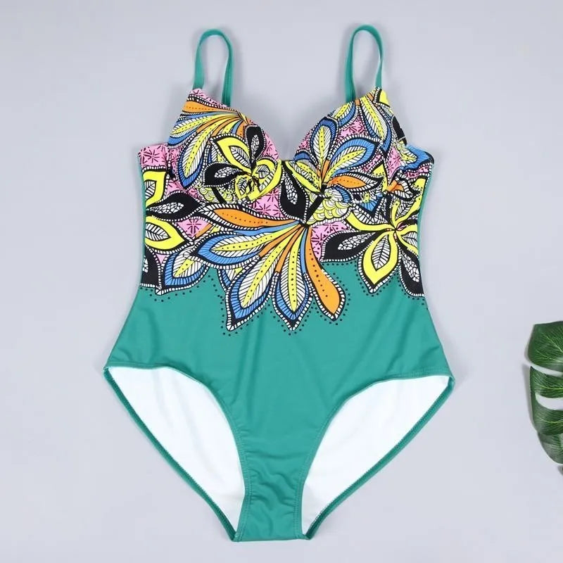 Coloured Print One-piece Large Swimsuits Closed Swimwear Push Up Women's Swimming Body Bathing Suit Female Beach Pool Bather