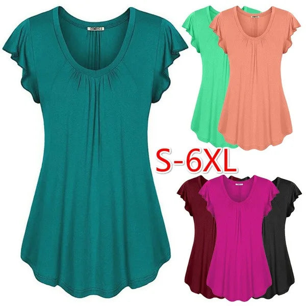 women's spring and summer solid color lotus leaf sleeve short-sleeved T-shirt womens clothing