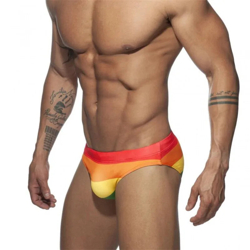 Swimwear Boy Rainbow Print Swimsuit Sexy Swimming Trunks Men's Low Waist Swim Briefs Push Up Cup Beach Shorts Wear