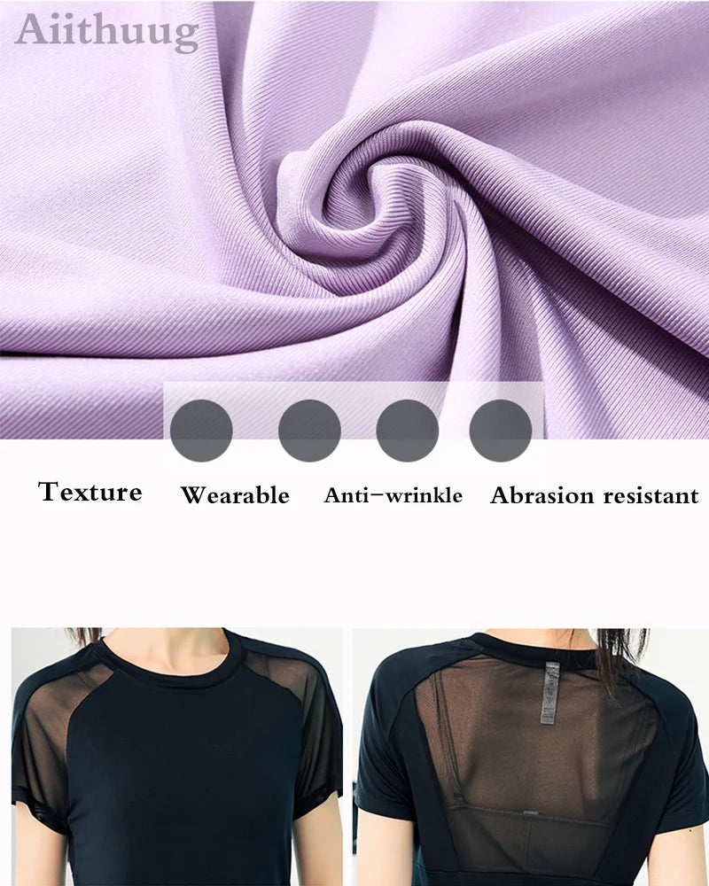 Aiithuug Mesh Breathable Back Yoga Short Sleeve Workout Shirt Running Shirt Athletic Tee Top Women Gym Short-Sleeve Lightweight