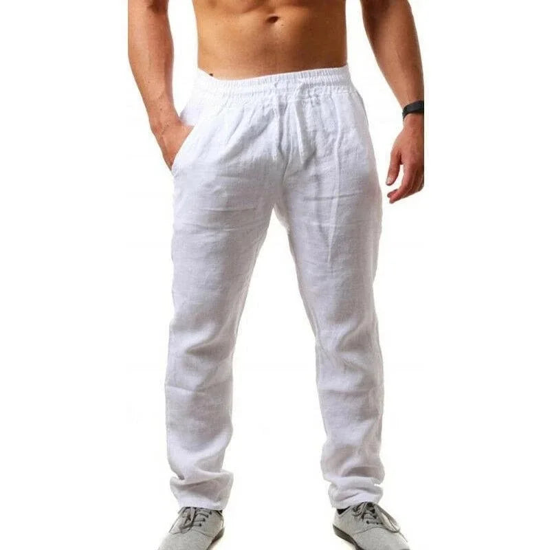 Cotton Linen Harem Pants Men Solid Elastic Waist Streetwear Joggers Baggy Drop-crotch Pants Casual Trousers Men Running