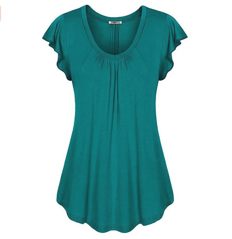 women's spring and summer solid color lotus leaf sleeve short-sleeved T-shirt womens clothing