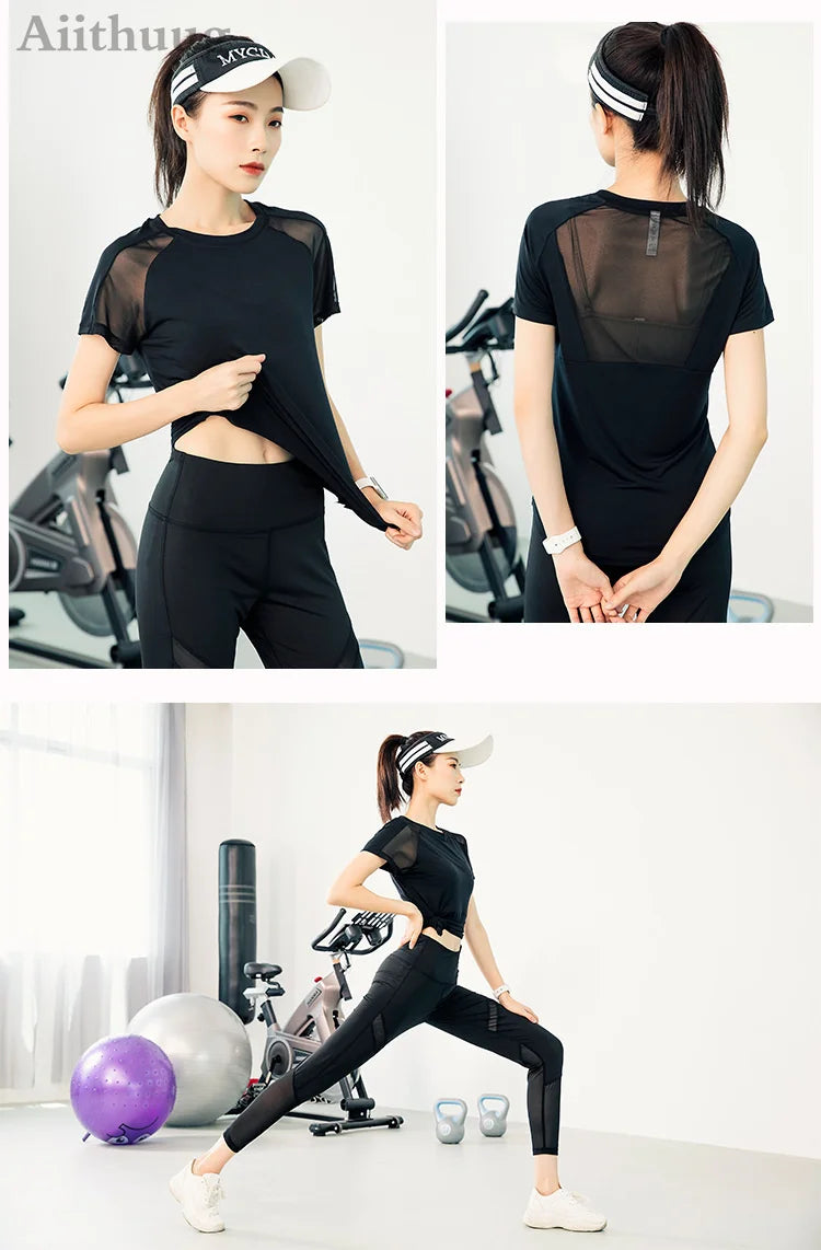 Aiithuug Mesh Breathable Back Yoga Short Sleeve Workout Shirt Running Shirt Athletic Tee Top Women Gym Short-Sleeve Lightweight