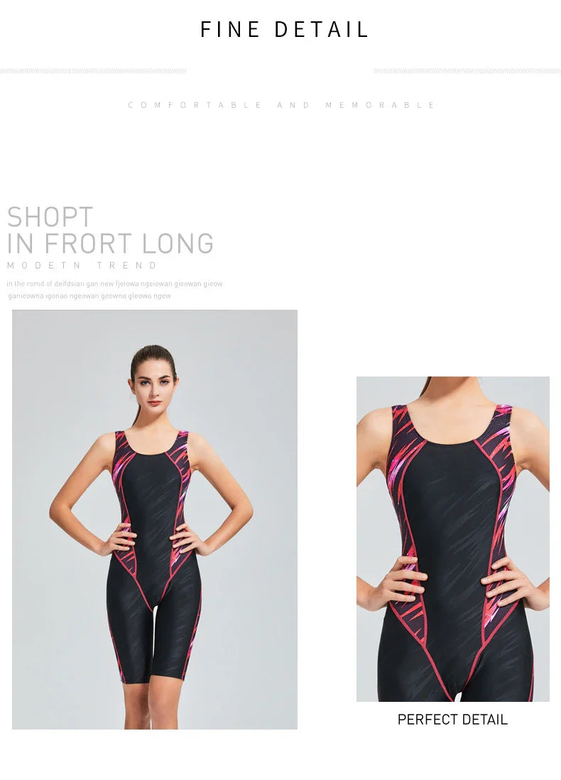 Quick Dry Swimwear Professional Knee Length Round Neck Swimsuit Women One Piece Sport Bathing Suit Rashguard Surf