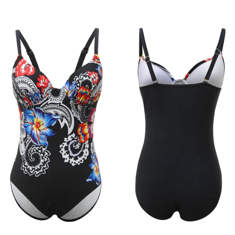 Coloured Print One-piece Large Swimsuits Closed Swimwear Push Up Women's Swimming Body Bathing Suit Female Beach Pool Bather