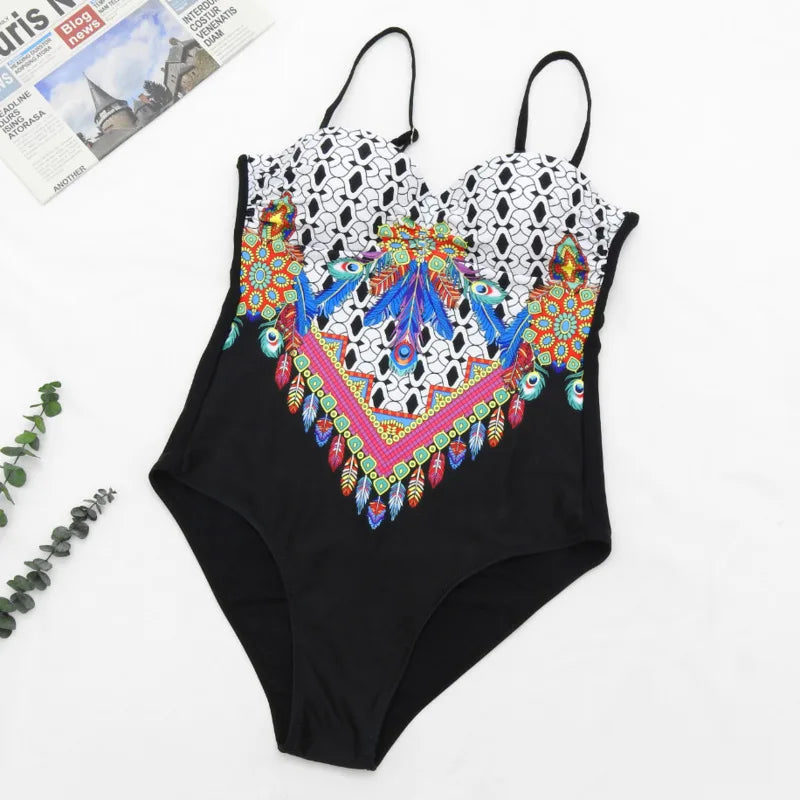 Coloured Print One-piece Large Swimsuits Closed Swimwear Push Up Women's Swimming Body Bathing Suit Female Beach Pool Bather