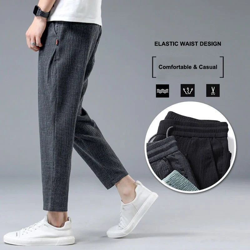 Ice Silk Linen Man Sport Pants Casual Wide Summer Sweatpants Male Drawstring Spring Autumn Lightweight Halking Harem Trousers