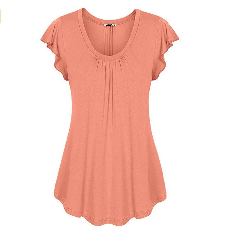 women's spring and summer solid color lotus leaf sleeve short-sleeved T-shirt womens clothing