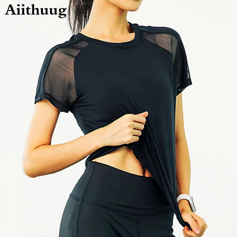 Aiithuug Mesh Breathable Back Yoga Short Sleeve Workout Shirt Running Shirt Athletic Tee Top Women Gym Short-Sleeve Lightweight