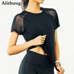 Aiithuug Mesh Breathable Back Yoga Short Sleeve Workout Shirt Running Shirt Athletic Tee Top Women Gym Short-Sleeve Lightweight