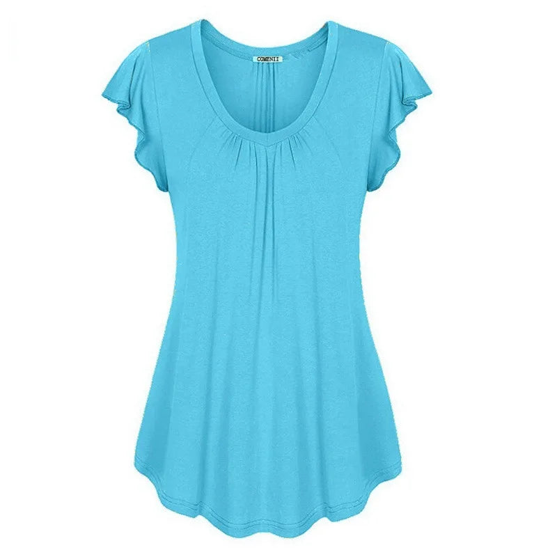 women's spring and summer solid color lotus leaf sleeve short-sleeved T-shirt womens clothing