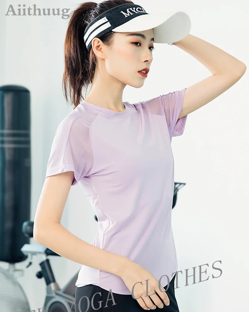 Aiithuug Mesh Breathable Back Yoga Short Sleeve Workout Shirt Running Shirt Athletic Tee Top Women Gym Short-Sleeve Lightweight