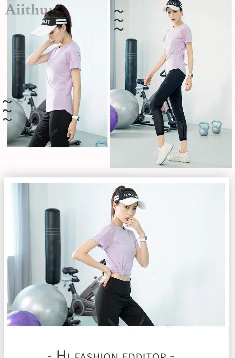 Aiithuug Mesh Breathable Back Yoga Short Sleeve Workout Shirt Running Shirt Athletic Tee Top Women Gym Short-Sleeve Lightweight