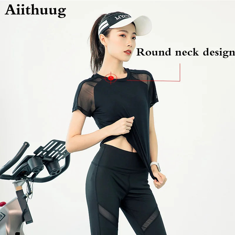 Aiithuug Mesh Breathable Back Yoga Short Sleeve Workout Shirt Running Shirt Athletic Tee Top Women Gym Short-Sleeve Lightweight