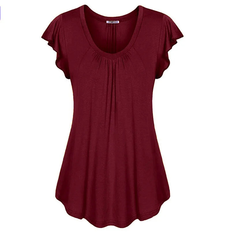 women's spring and summer solid color lotus leaf sleeve short-sleeved T-shirt womens clothing