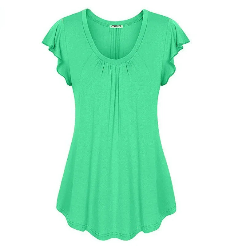 women's spring and summer solid color lotus leaf sleeve short-sleeved T-shirt womens clothing