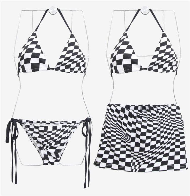 Black And White Checked Pattern Bikini (3 Pieces Set)
