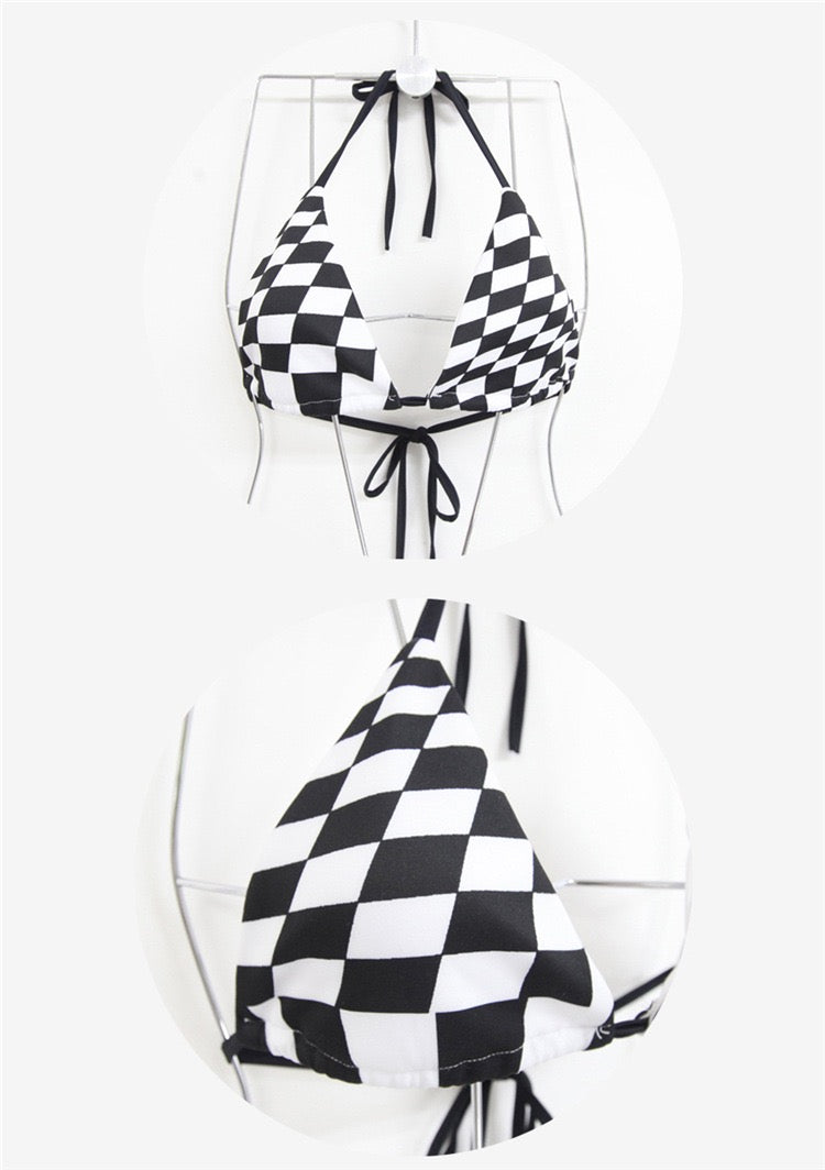 Black And White Checked Pattern Bikini (3 Pieces Set)