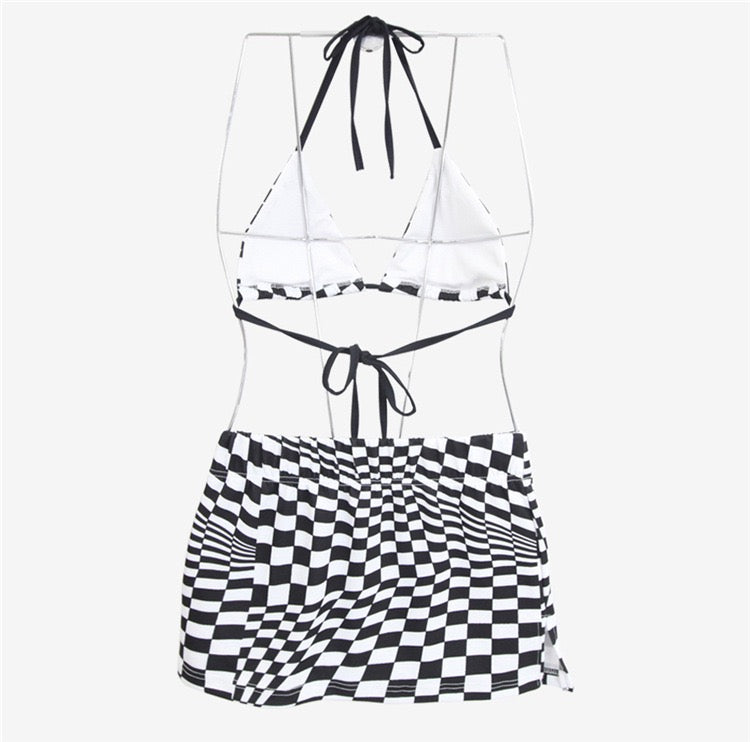 Black And White Checked Pattern Bikini (3 Pieces Set)