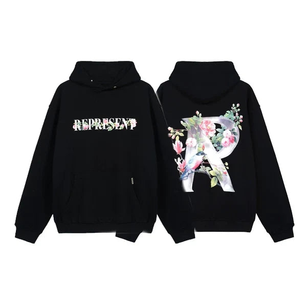 Represent Floral & Metal "R" Graphic Heavyweight Hoodie - Black