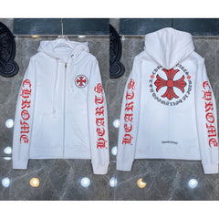 Chrome Hearts Red Scroll & Cross Zip-Up Hoodie (White)