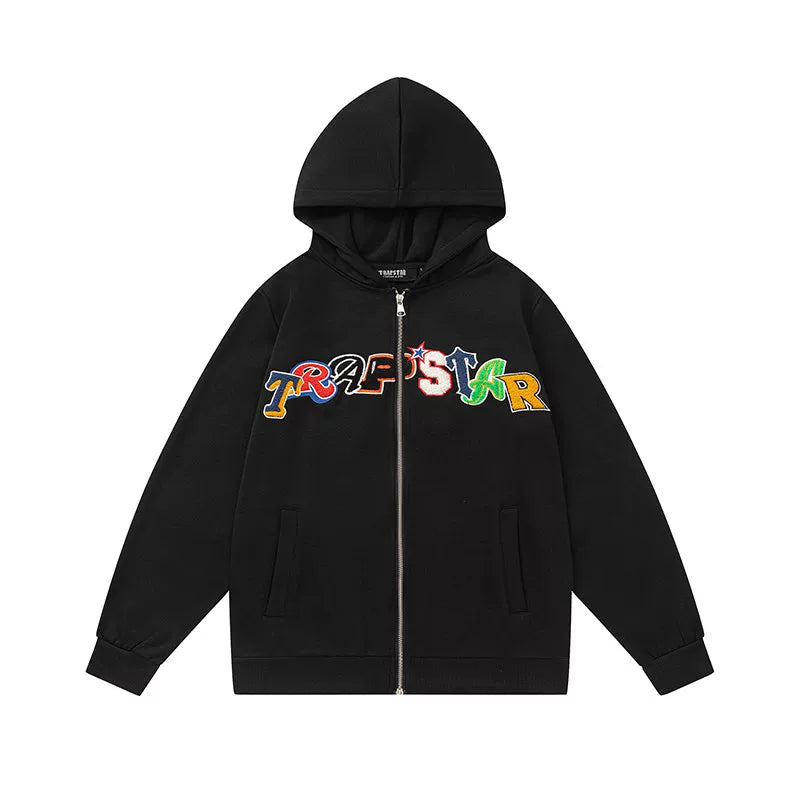 Trapstar Style Autumn/Winter Multi-Color Patchwork Full-Zip Hoodie - Black