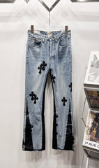 Chrome Hearts Light Blue & Black-Paneled Cross Patch Denim Jeans