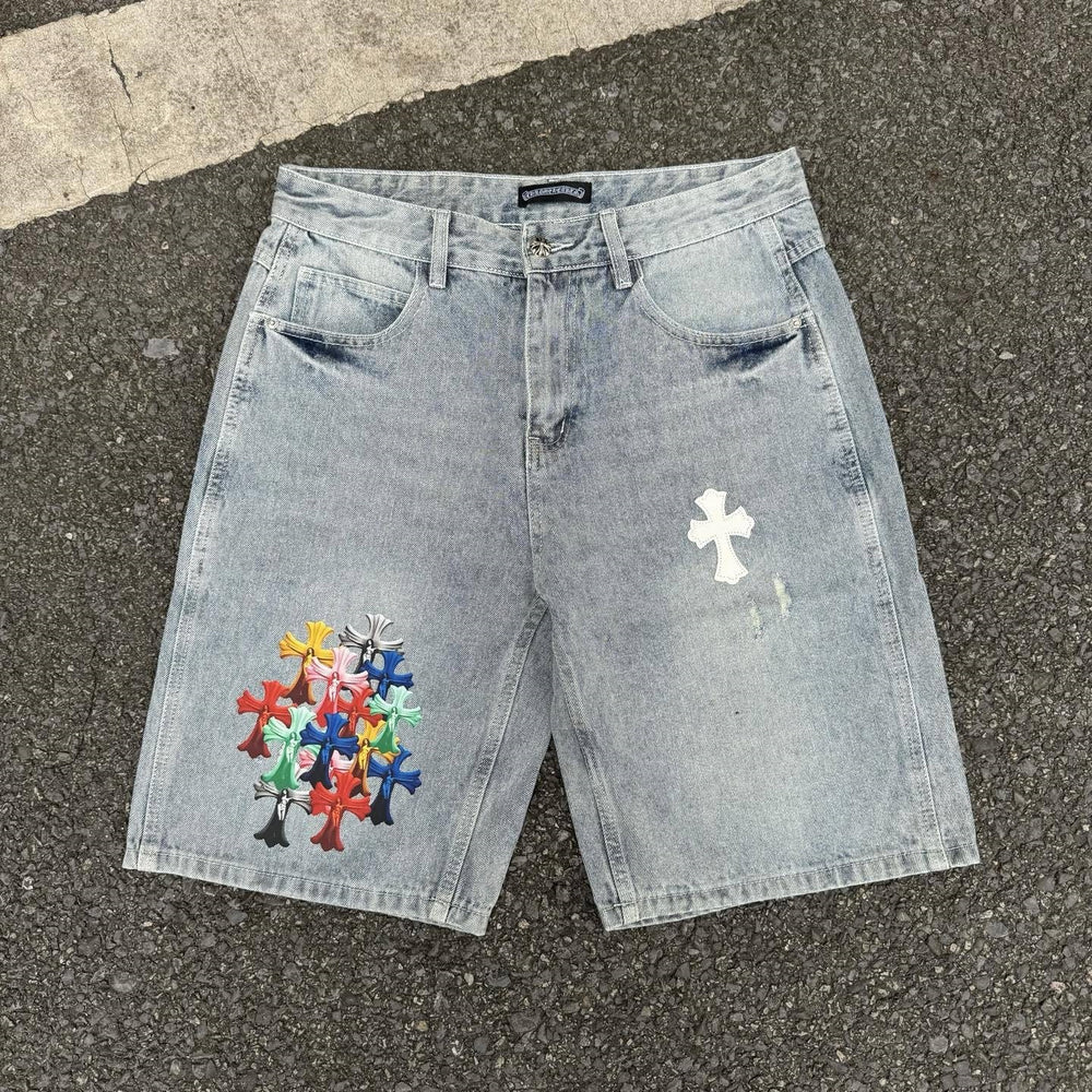 Chrome Hearts Light Blue & Multi-Color Cluster Cross Patch Denim Shorts