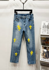 Chrome Hearts Classic Blue & Yellow Cross Patch Denim Jeans