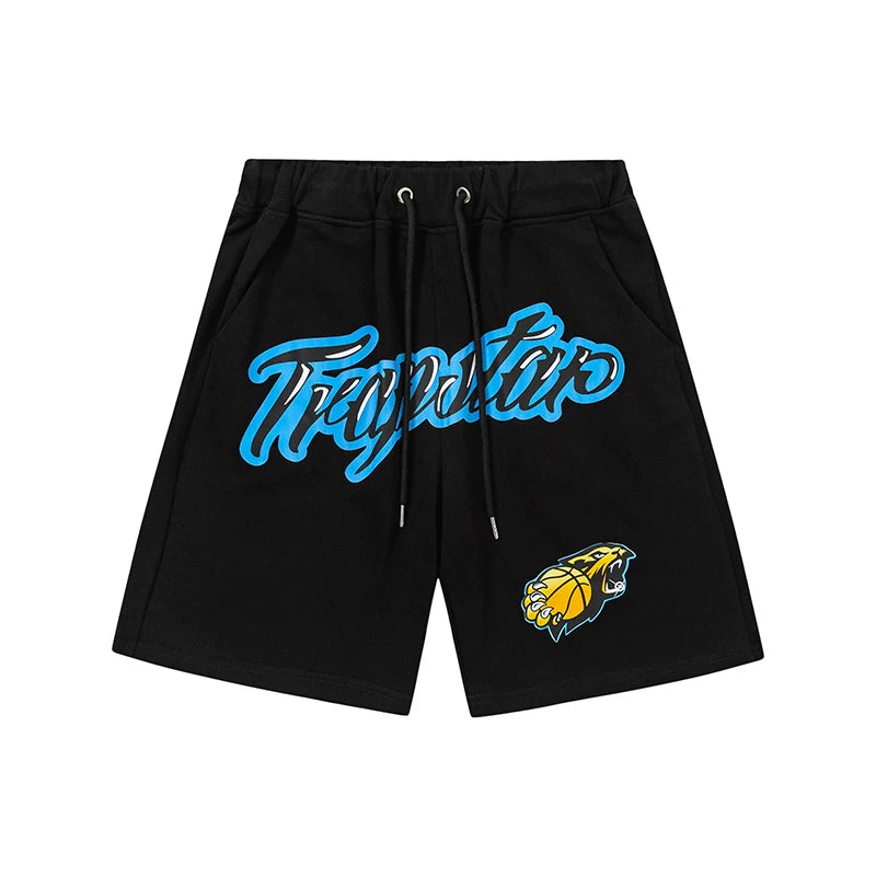 Trapstar Varsity Script Logo & Panther Patch Sweat Shorts - Black/Royal Blue
