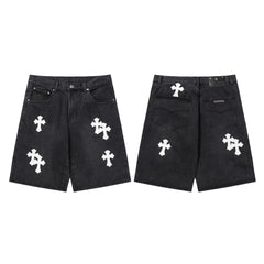 Chrome Hearts Black & White Cross Patch Denim Shorts