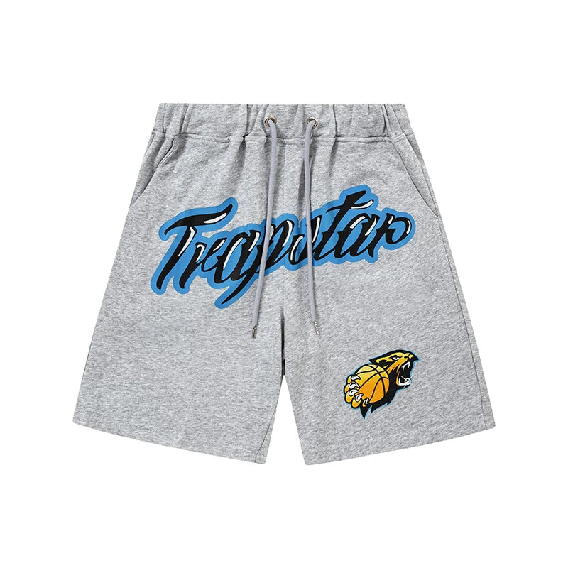Trapstar Varsity Script Logo & Panther Patch Sweat Shorts - Grey/Royal Blue