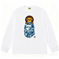 BAPE Style Baby Milo Peeking on Camo Ape Head Long-Sleeve Tee - White/Blue