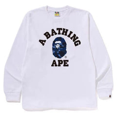 BAPE Style Collegiate Arc Logo & Camo Ape Head Long-Sleeve Tee - White/Blue