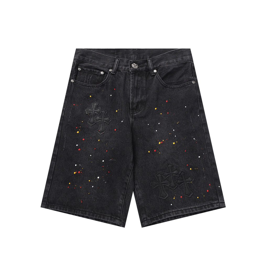 Chrome Hearts Black Heavy Wash & Paint Splatter Denim Shorts