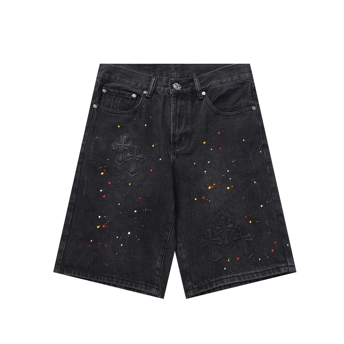 Chrome Hearts Black Heavy Wash & Paint Splatter Denim Shorts