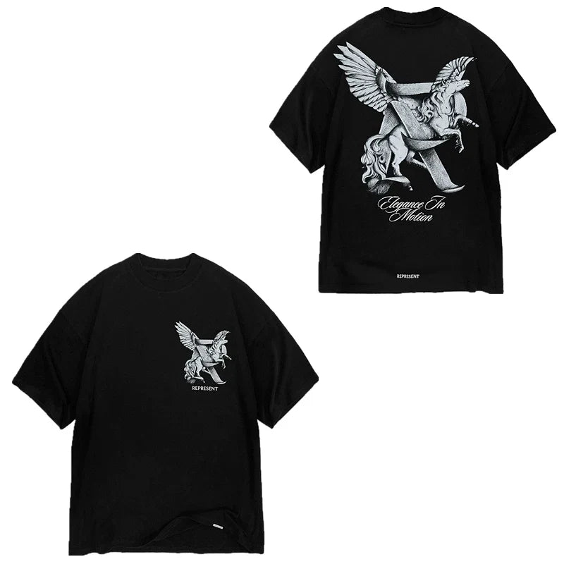 Represent "Elegance In Motion" Winged Unicorn Graphic T-Shirt - Black