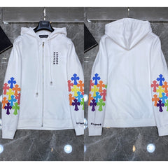 Chrome Hearts Multi-Color Cross Sleeve Zip-Up Hoodie (White)