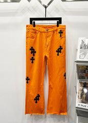 Chrome Hearts Bright Orange & Black Cross Patch Denim Jeans