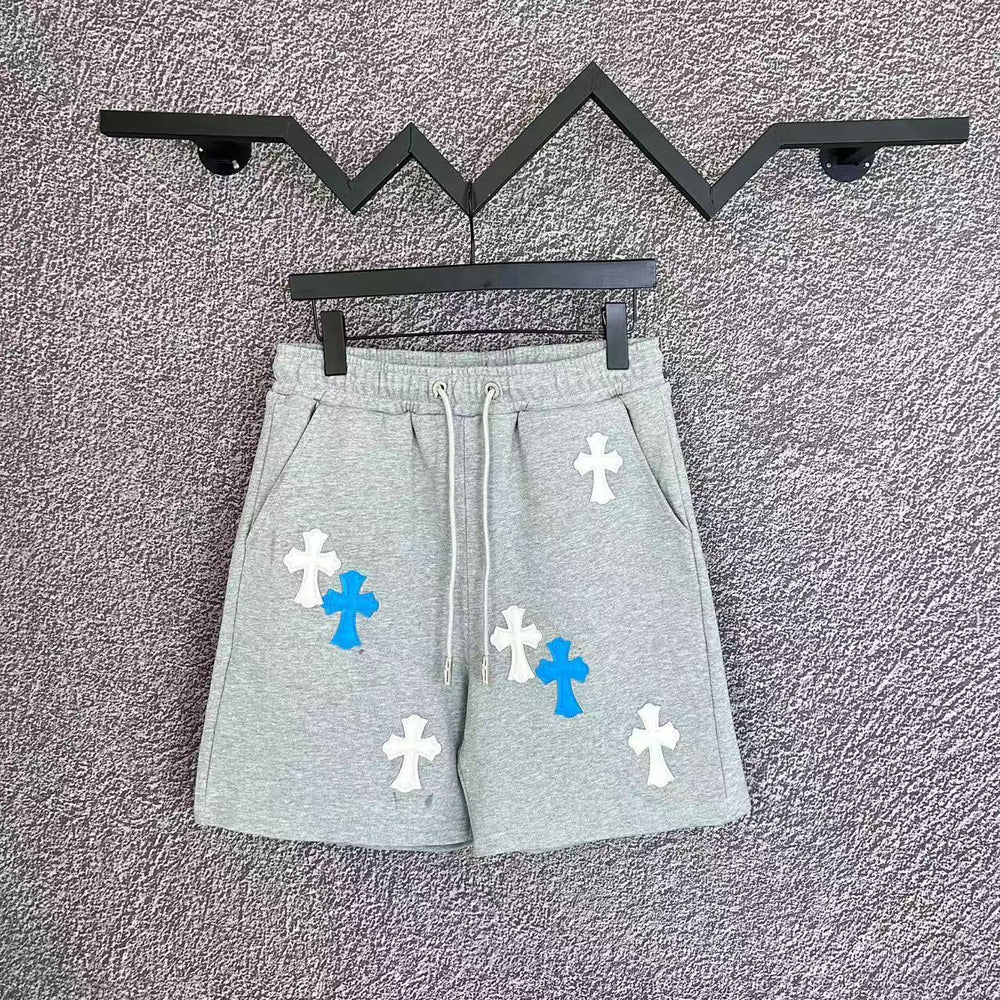 Chrome Hearts Light Gray & White-Blue Cross Patch Sweatshorts