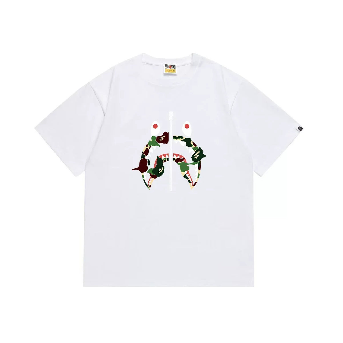 BAPE Style Camo Shark Full-Zip Motif Short-Sleeve Tee - White/Classic Green
