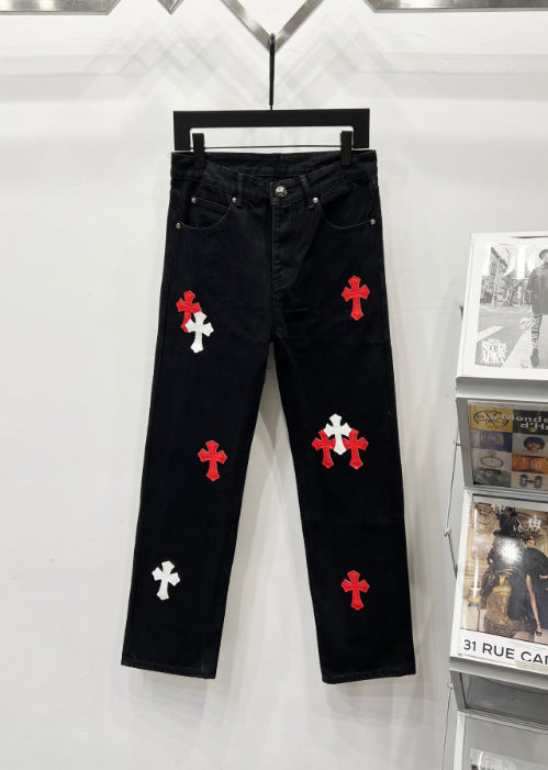 25SS Trendy Brand CH Correct Version Croop Embroidered Jeans Casual Versatile Retro Color Cross Sticker Leather (22)