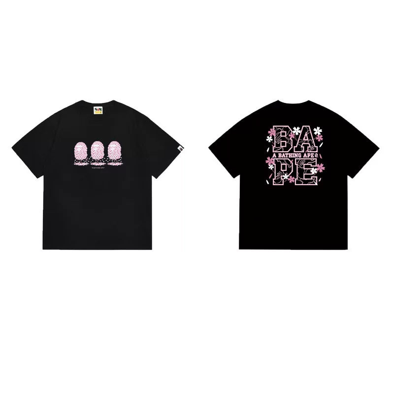 BAPE Style Cherry Blossom Ape Head Graphic Short-Sleeve Tee - Black
