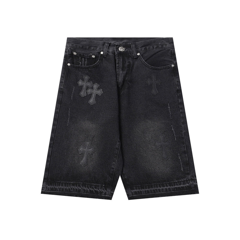 Chrome Hearts Black Heavy Wash & Tonal Cross Patch Denim Shorts