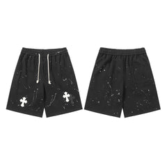 Chrome Hearts Black Paint Splatter & White Cross Patch Sweatshorts