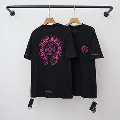 Chrome Hearts Pink Horseshoe Logo Short Sleeve T-Shirt (Black)